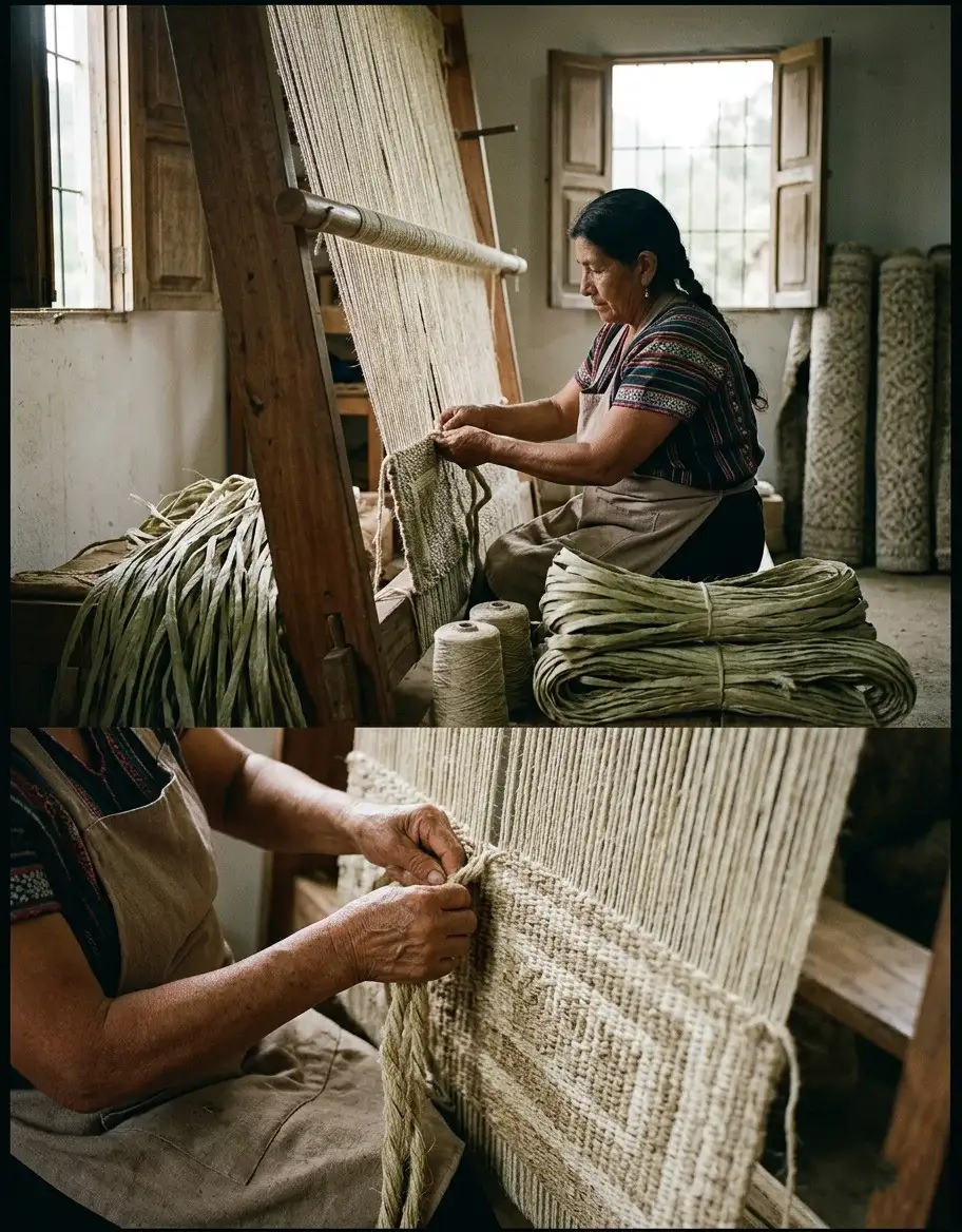 Close detail of natural fique fiber weave on a bespoke rug