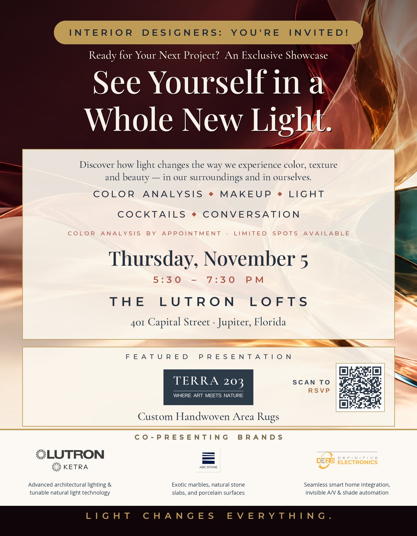 Invitation: See Yourself in a Whole New Light, Thursday, November 5, 5:30 to 7:30 PM at The Lutron Lofts, Jupiter, Florida